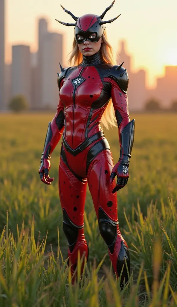 Ultra-detailed Supergirl, wearing a fierce and futuristic ladybug-inspired costume, designed to be both intimidating and elegant. Her body is covered in a vibrant red exoskeleton with sharp, angular lines that mimic the hard, armored shell of a ladybug, fe...