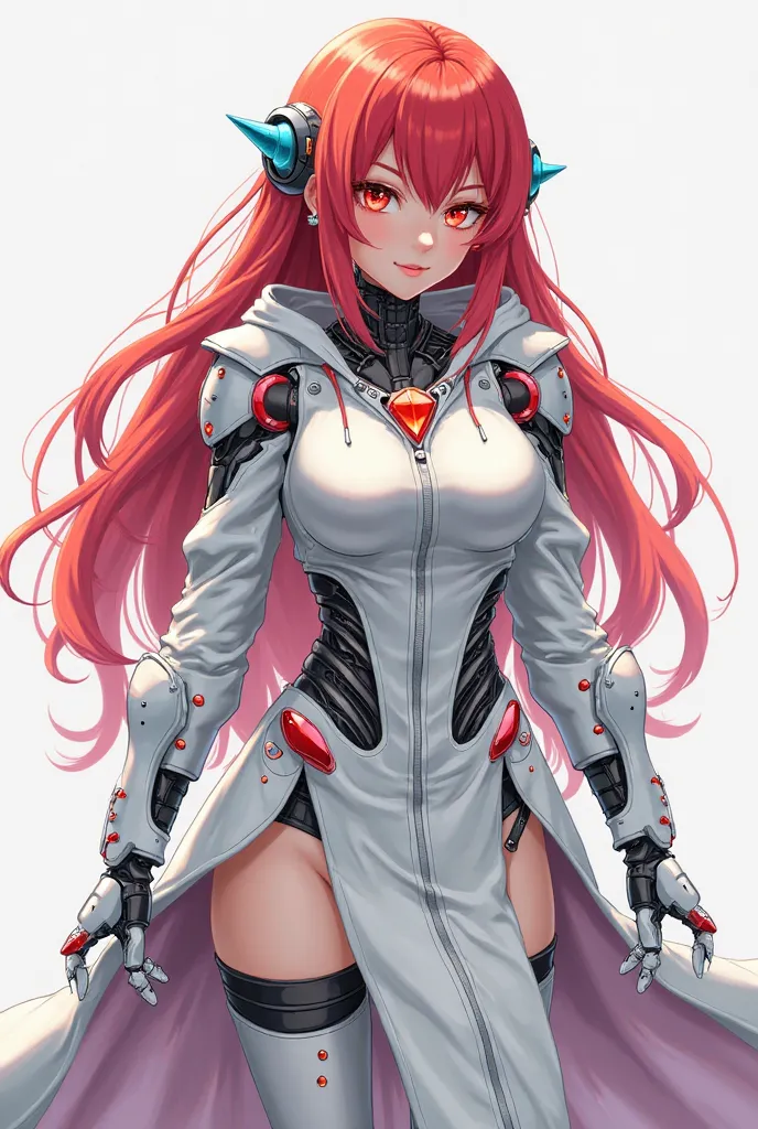 a cute red haired animerobotwoman with a trans hoodie and thigh high socks and long skirt with long leggings serious,gems,jewels,white captain outfit, robotic Background,gems,SciFi,jewels,woman, cyborg, mechanical body, robot joints,