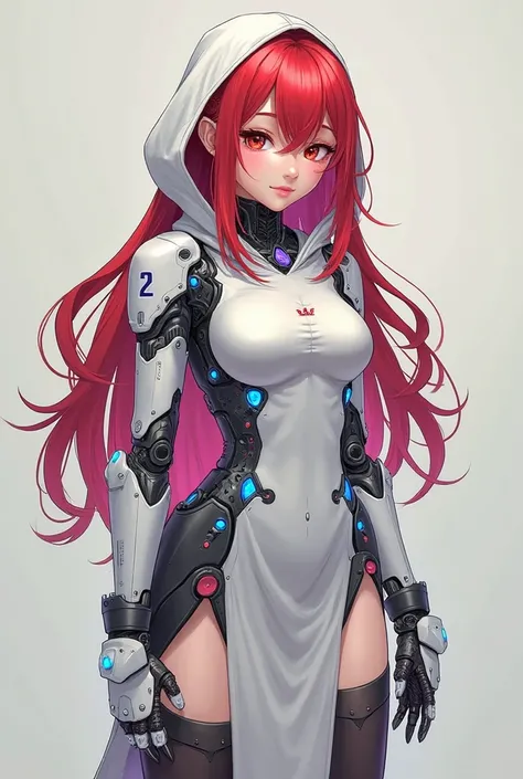 a cute red haired animerobotwoman with a trans hoodie and thigh high socks and long skirt with long leggings serious,gems,jewels,white captain outfit, robotic Background,gems,SciFi,jewels,woman, cyborg, mechanical body, robot joints,