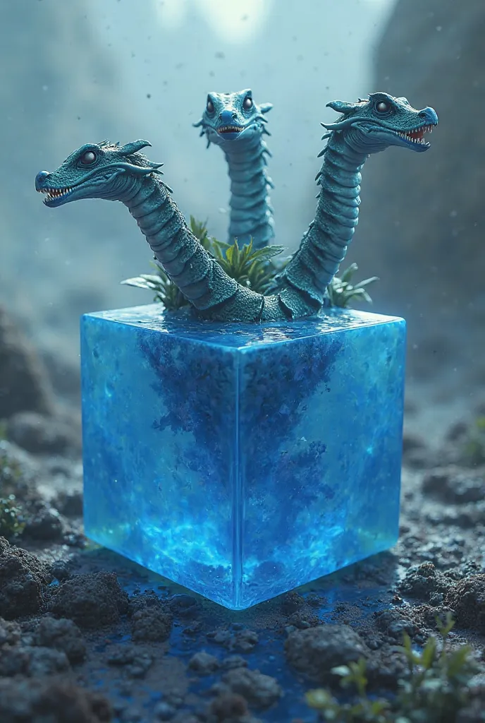 Make a blue cube fruit with three hydra heads coming from the top