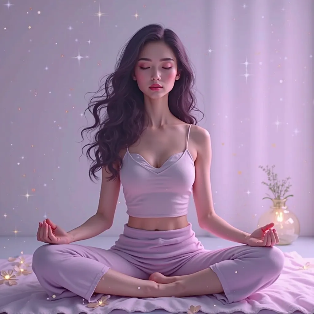 European-looking woman takes a healing session ,  light purple background tones, the mood of relaxation and meditation