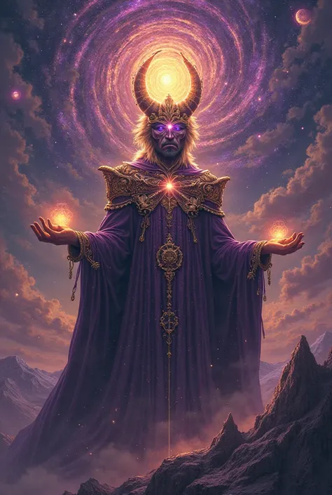 Create a symbolic and imposing representation of Pablo Marçal, integrating metaphorical elements that refer to a 'universal mindset'. He must be portrayed with a majestic posture, in deep shades of purple and gold, surrounded by a luminous aura that radiat...