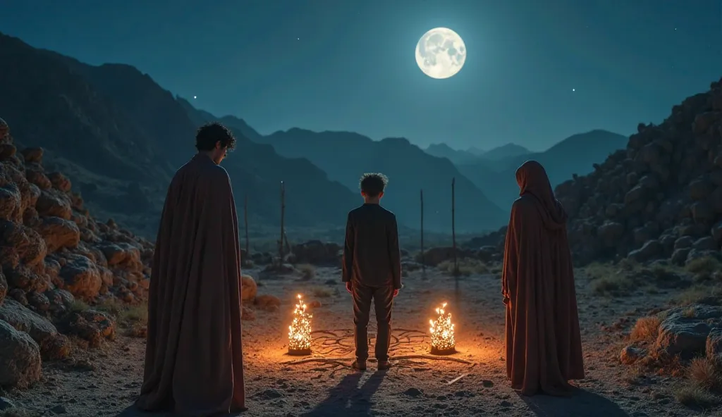 From the back, three people wearing mysterious clothes stand in front of a young man in a ceremony in a place illuminated by strange candles and carved symbols on the ground behind mountains in a moonlit night