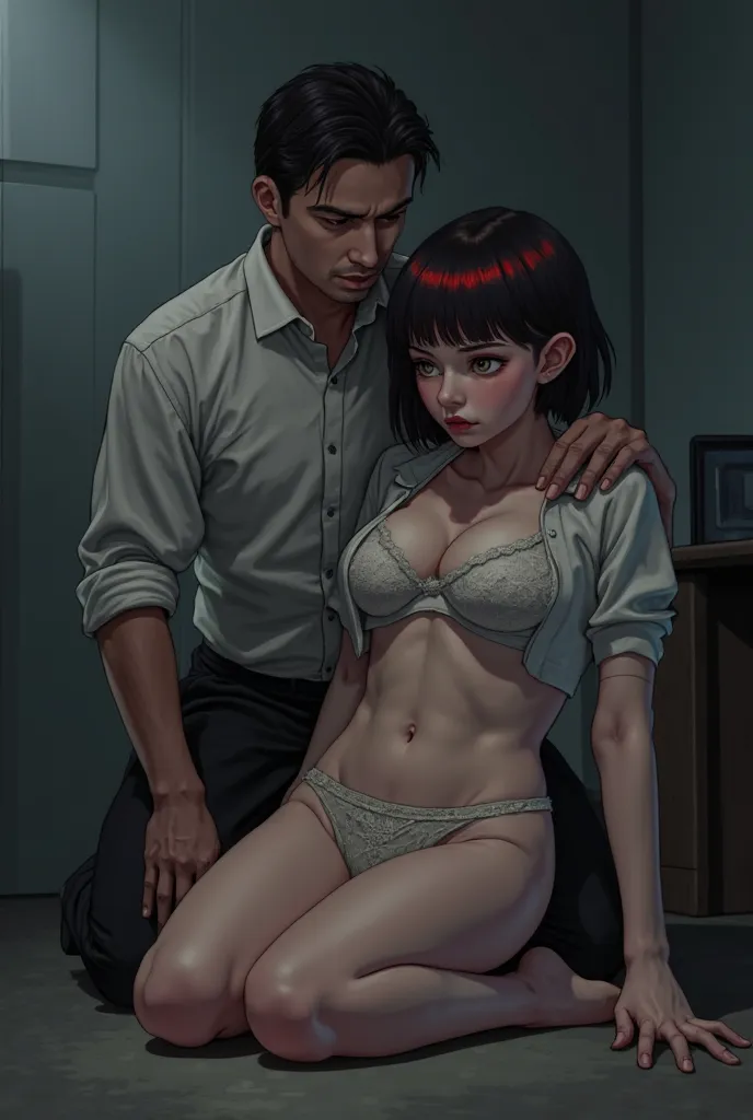 1 girl,  kneeling,  On the floor, arched back,  head backwards, A man is standing next to the girl,  clutching the head of another, bulto,
REST girl, 22 years old, short hair,  cut bob breasts, ear, ( red bangs), black hair, (Puppet:1.2), detailed and cute...