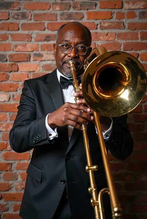 there is a man that is playing a trombone in front of a brick wall, promo shot, chris saunders, tuba knight, gary houston, photo from a promo shoot, promotional shot, by Robert Lee Eskridge, rodney matthew, inspired by George Barret, Jr., instrument, by Ge...