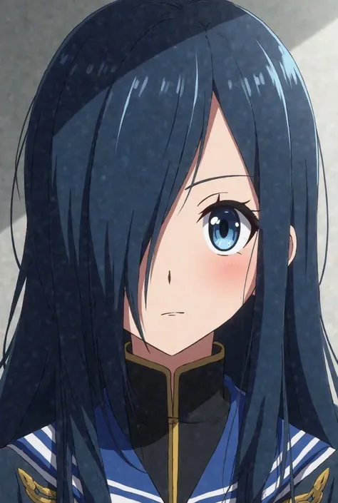 screenshot of my hero Academia, Girl with long hair and dark blue color, your left eye is completely covered by your hair, your right eye is sky blue, is in front, wears the uniform of My Hero Academia de la U.a, 