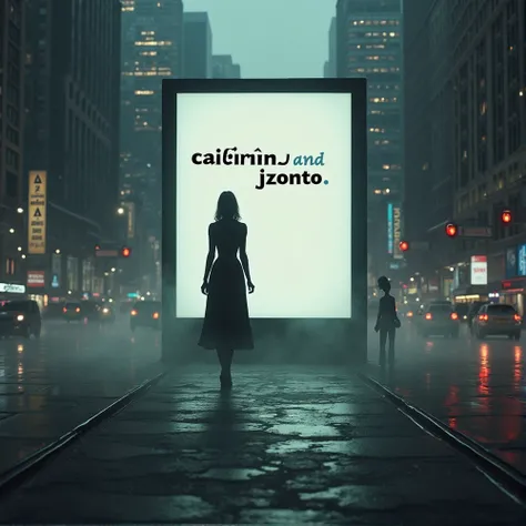 screen in New York with the writing that says: Cailinno and Jzonto. silhouette of a woman
