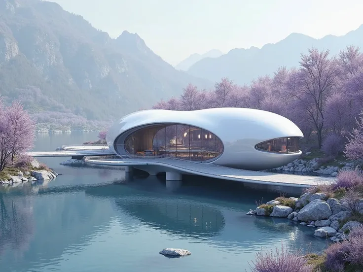 An oval-shaped futuristic house made of glass and crystal on a lake with a bridge connecting to land, with no roof and large pillars left and right. On each pillar is a similar building. There is a terrace that connects one building to another. Surrounded ...