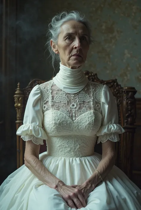 Beautiful female veteran of fifty years with an extremely long neck. She wears a wedding dress ,  completely white, with a tight high collar, corrugated , that wraps around and covers her entire long neck. The fabric of the dress is made of delicate lace a...