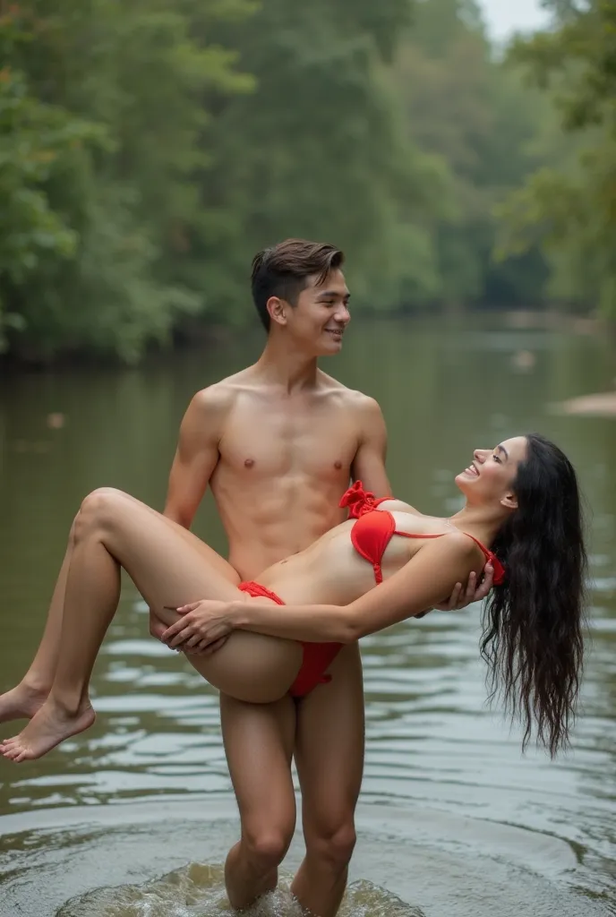  15years naked amrican schoolboy gently carrying his naked 50years sleep Caucasian sister horizontaly in a riverin his arms in bridal style putting his hands under her legs and behinde her back.sister laying horizonalty on his arms. the sister wearning red...