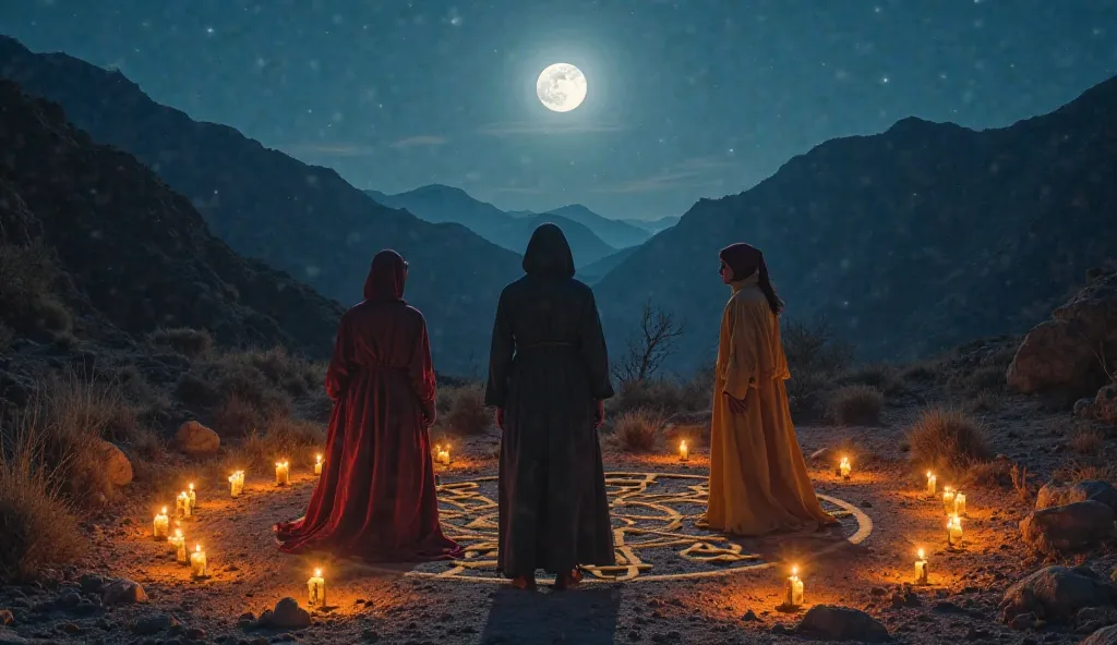 From the back, three people wearing mysterious clothes stand in front of a young man in a ceremony in a place illuminated by strange candles and carved symbols on the ground behind mountains in a moonlit night