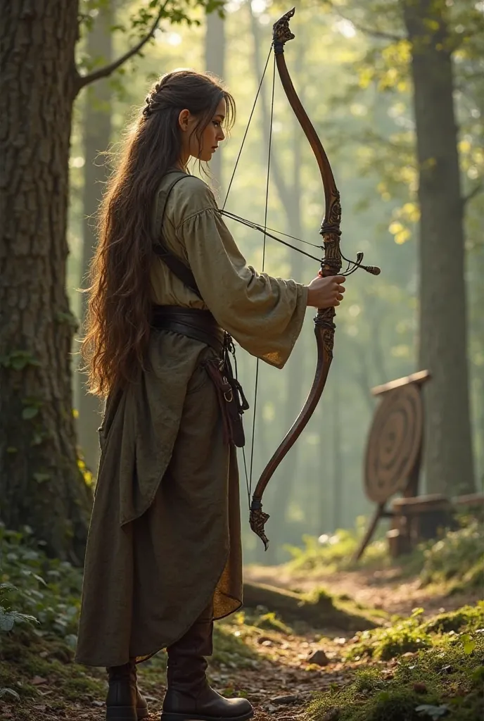 , an elven girl stands with her back to the viewer, pulling on the bowstring of an elegant elven bow. Her long, slightly disheveled hair falls down her back, emphasizing her young age.  She dressed in simple , но удобную одежду для тренировок – possible, t...