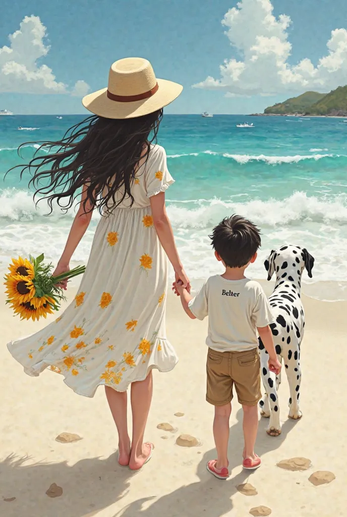 A white woman with long hair lasio brown eyes , in a white summer dress with sunflowers and a hat with a  boy holding hands the boy is white short black hair, black eyes wears a beige short white shirt and on his shirt says Belter he has been pulling a Dal...