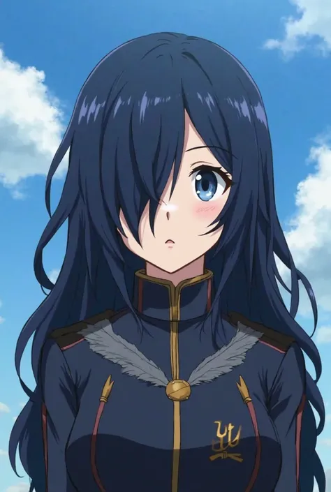 screenshot of my hero Academia, Girl with long dark blue hair, your left eye is completely covered by your hair,  His hair is wavy , He's wearing the uniform of My Hero Academia de la U..a, In the background there is a sky with clouds