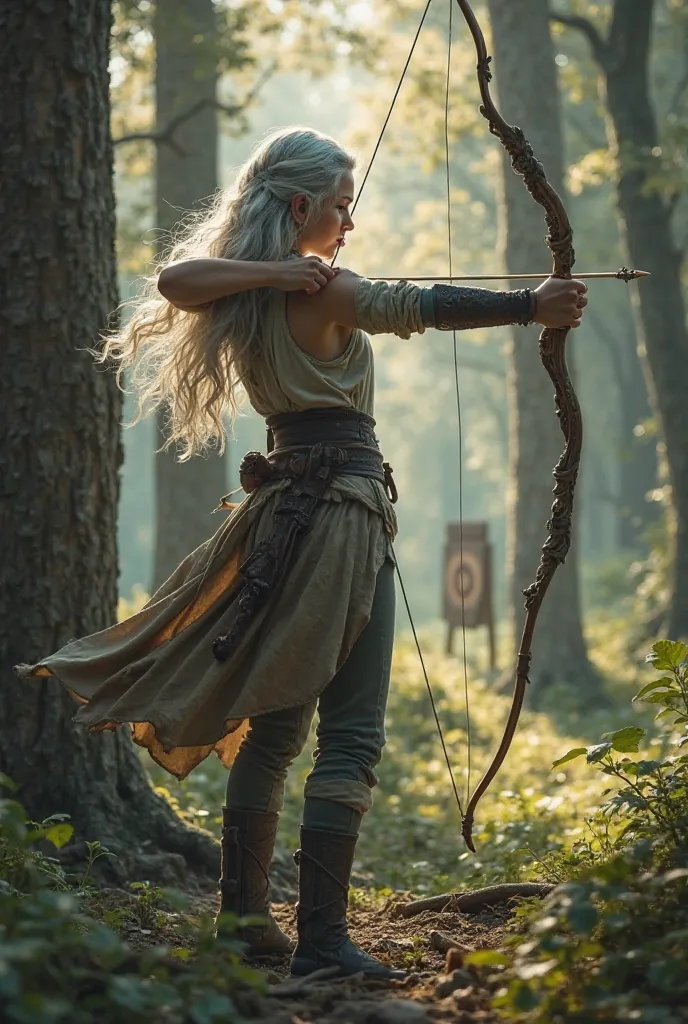 , an elven girl stands with her back to the viewer, pulling on the bowstring of an elegant elven bow. Her gray, , snow-white hair falls down her back, , soft waves or light strands blowing in the wind, contrasting with the surrounding forest. They look unu...