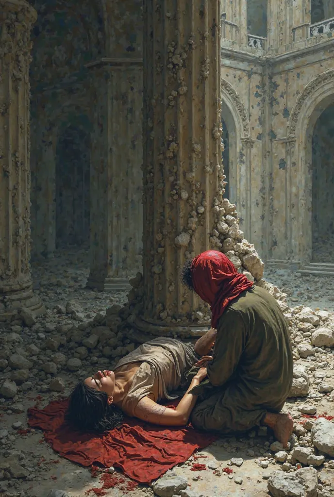 A collapsed woman dying against a column of a destroyed church A man is seen with his back trying to help her desperately With a red handkerchief on his head he can be seen from behind 