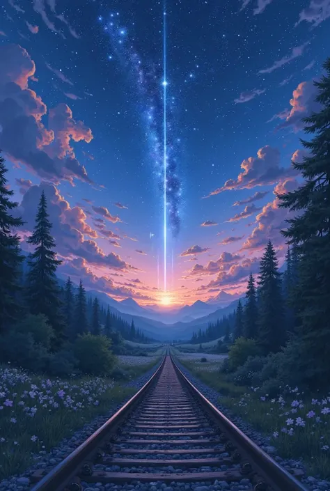 High quality masterpieces, landscapes,  Railroad Trails , meteor crater, Shiny starry sky.  shooting star. Romantic lining, pixiv, conceptual art,  art style lofi , reflection.  Makoto Shinkai, arte rophy, beautiful anime scenes,  Anime Scenery, Detailed s...