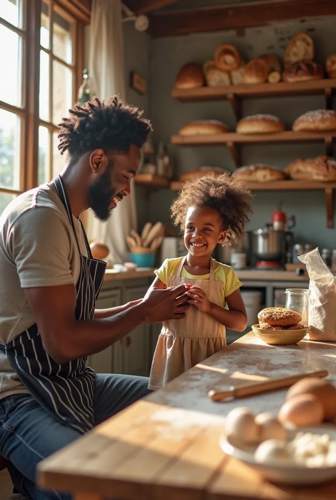 A heartwarming low-angle shot capturing a Black father kneeling to tie a small apron around his six-year-old daughter in a cozy, sunlit bakery. The morning light filters through large windows, casting a golden glow on rustic wooden shelves filled with fres...