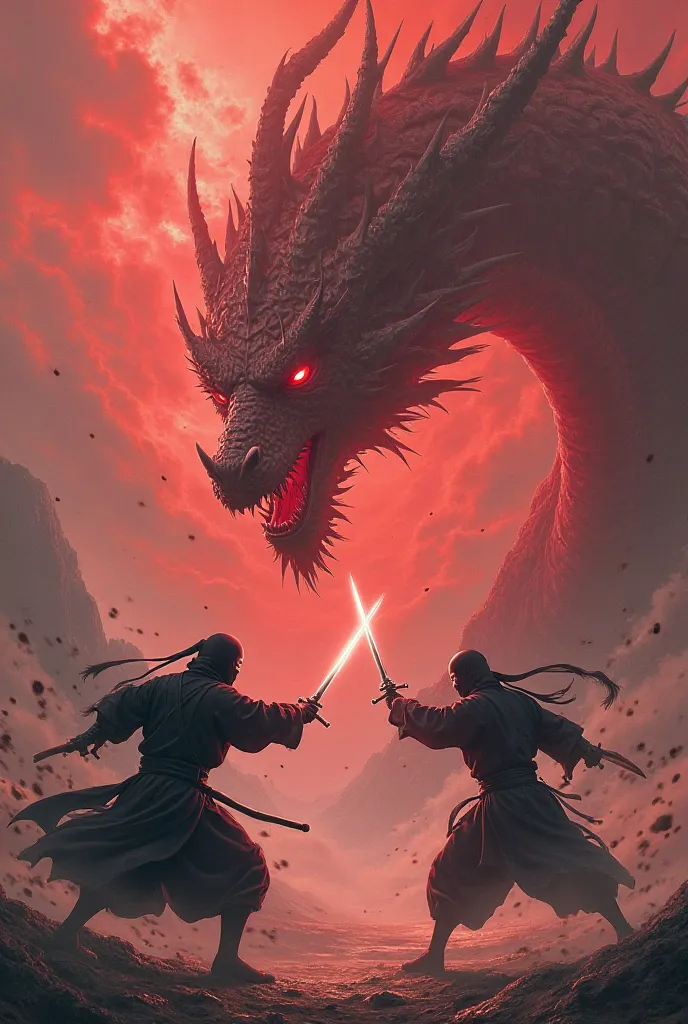 Two ninjas fighting with swords while a giant red dragon is behind