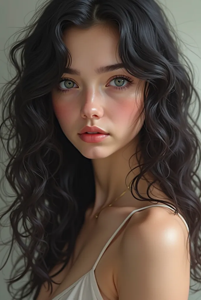 Generate an image of a realistic image of a girl with black and curly hair type 3A and with long hair up to the waist, with big eyes and blue-gray eyes, pretty to the naked eye.