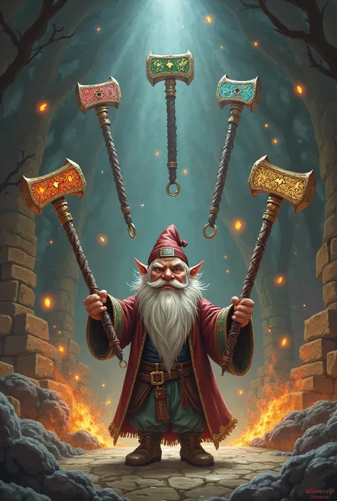 A wizard gnome summoning magic hammers of all elements of earth