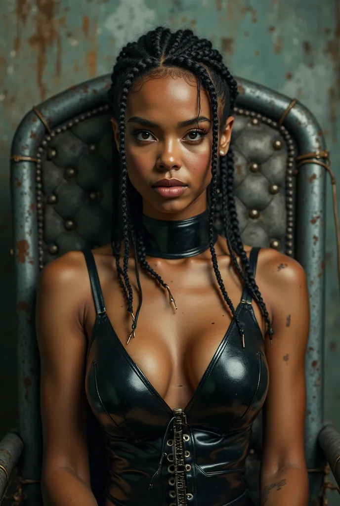 Woman in electric chair, Strapped to the electric chair, Restricted, electrodes on the body, cables, woman being electrocuted, convulsing, execution, Latin woman,  young, naked, short African braids,  septum piercing , dimples, thick belt around the neck, ...