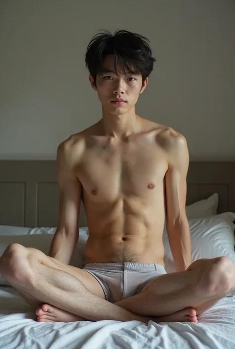 realistic, photographic, 27 years old boy, lean skinny body, twink, handsome, Japanese, short hair, transparent mesh leggings, shirtless, hairy navel, hairy thighs, athletic boy, spread legs, raise arms, sitting on the bed,