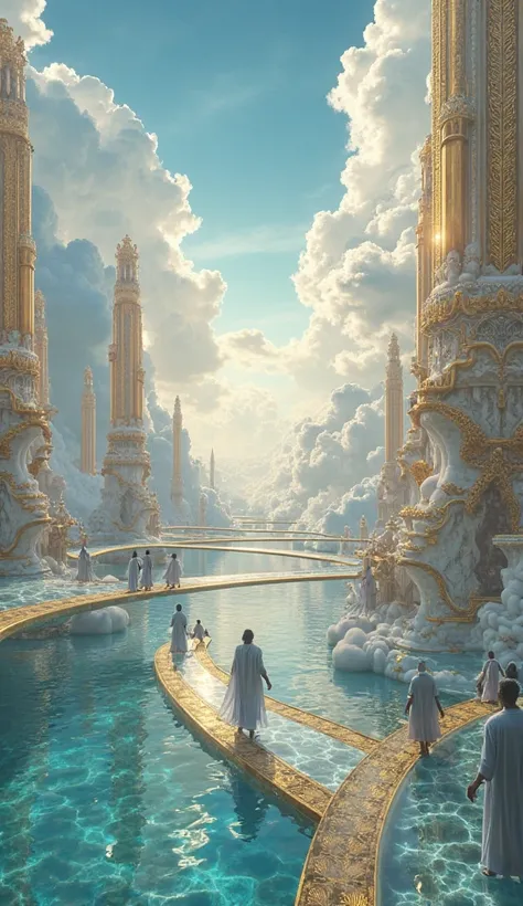 A **hyper-realistic celestial city**, suspended above **endless, voluminous clouds**, bathed in **pure midday sunlight**. Towering **crystalline skyscrapers** with **golden filigree** refract the light, casting intricate patterns onto the **glass-like walk...