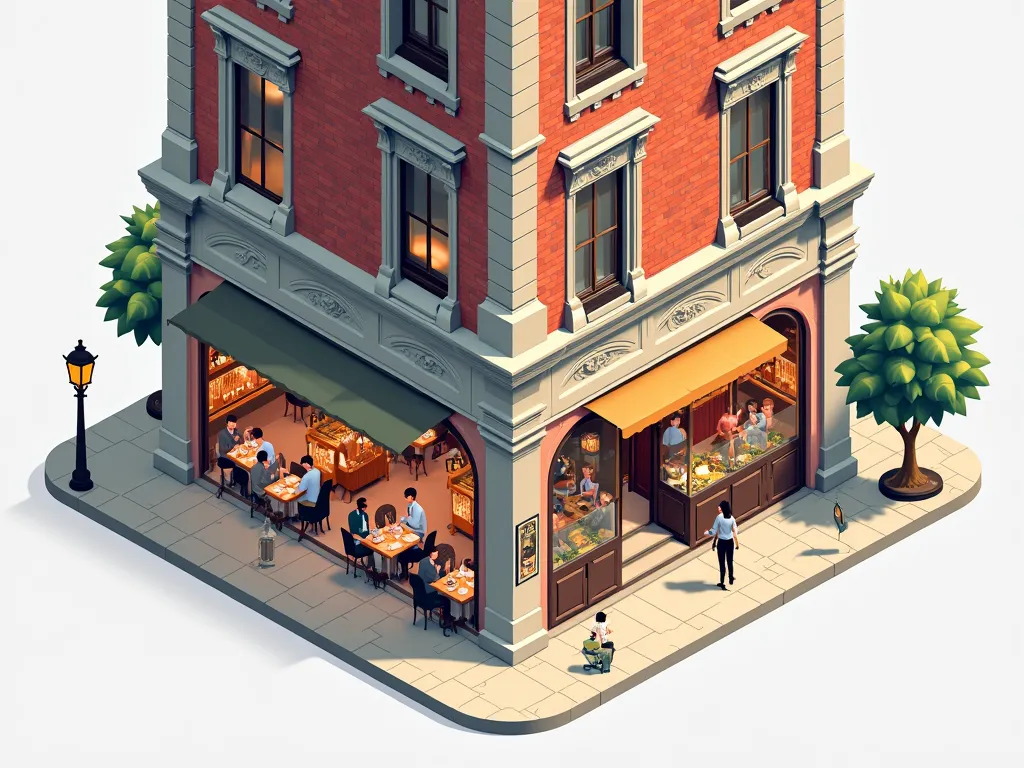 generate an isometric illustration of a restaurant in building, create a simple image in a with background, add a few elements that reminds building