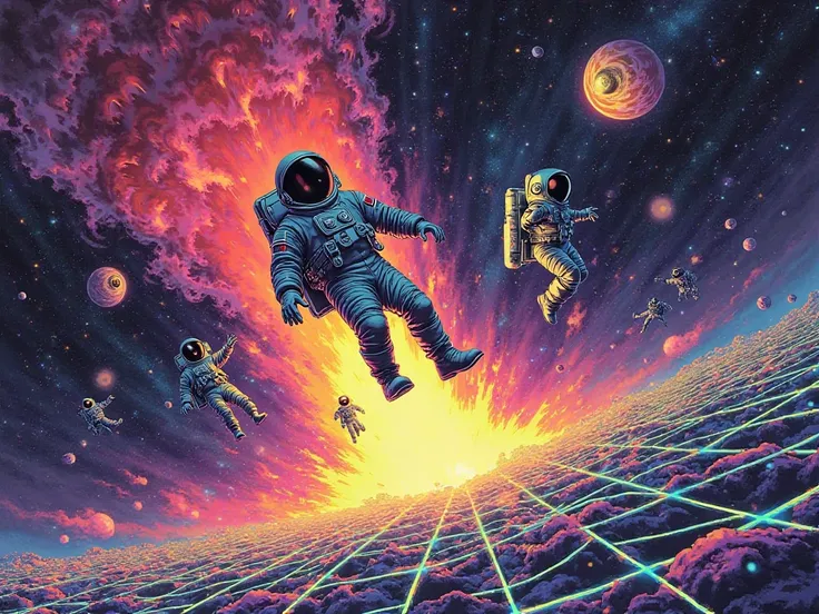 Surreal and psychedelic art featuring ejected astronauts. Get out of the exploding spacecraft. Astronauts floating in mid-air with colorful energy waves and retro grid below.. background features a cosmic scene with a UFO that is hijacking a small figure.,...