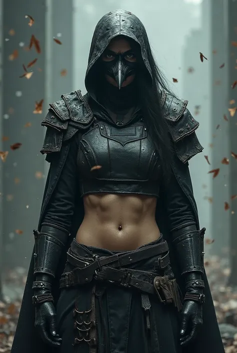 a balck clothet crow masked kommando soldier girl in medieval armor but with kevlar vest, muscled belly