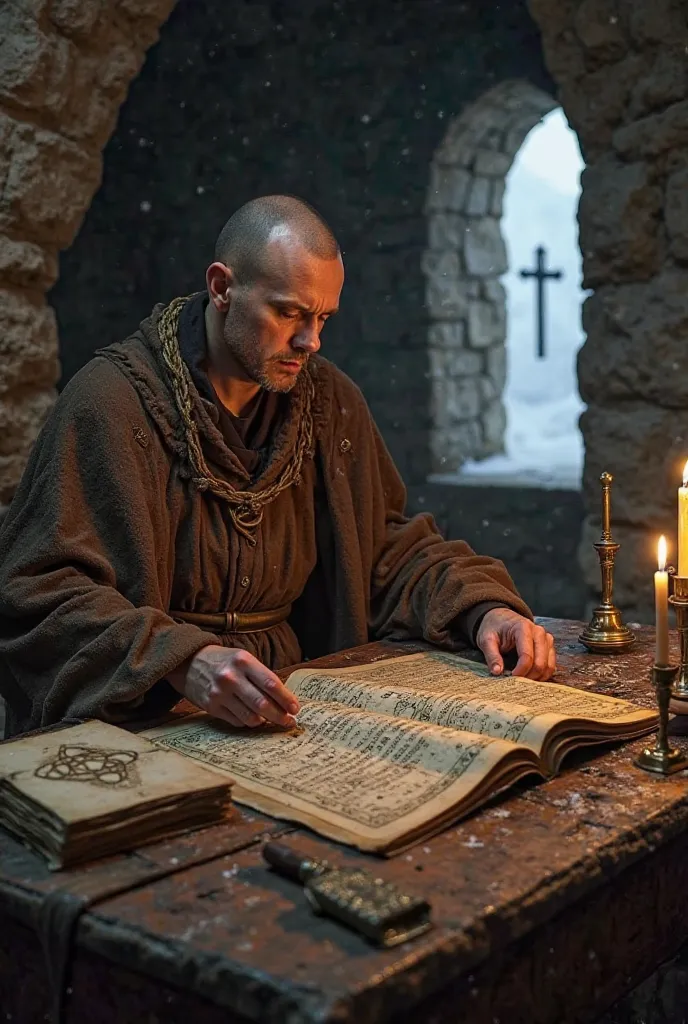 
"A 17th-century monk obsessed with forbidden knowledge, depicted in a dimly lit stone chamber within an isolated monastery in the snowy Alps. The monk, Fray Marcus, is in his mid-40s, wearing a tattered brown robe with a rope belt. His shaved tonsure cont...