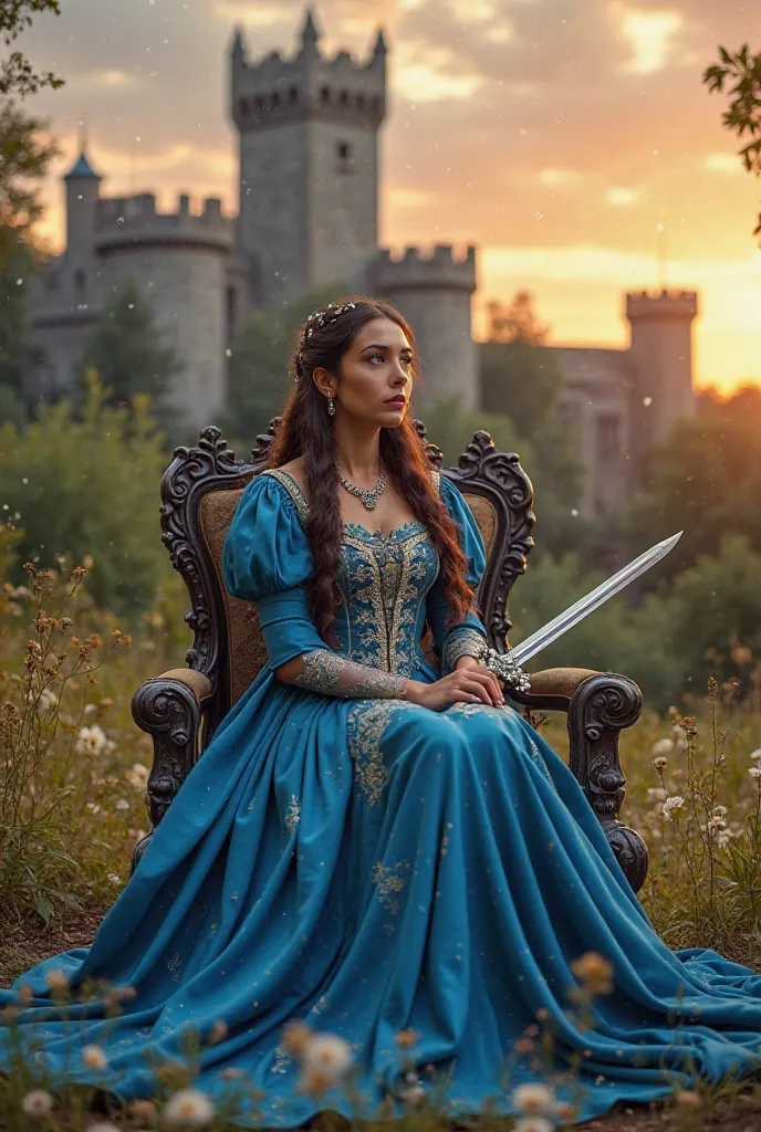 The scene depicts a medieval princess sitting elegantly on an ornate stone throne amidst a beautiful garden. She wears a stunning blue dress, richly detailed with gold and silver embroidery, conveying a sense of royalty and sophistication. The fabric of th...