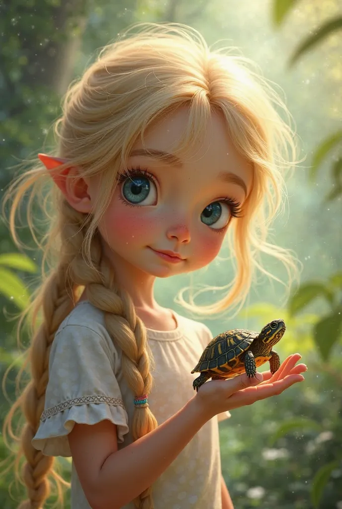 Do a girl with blue eyes and a blond braid for her shoulder she is 13 and has a turtle on her hand