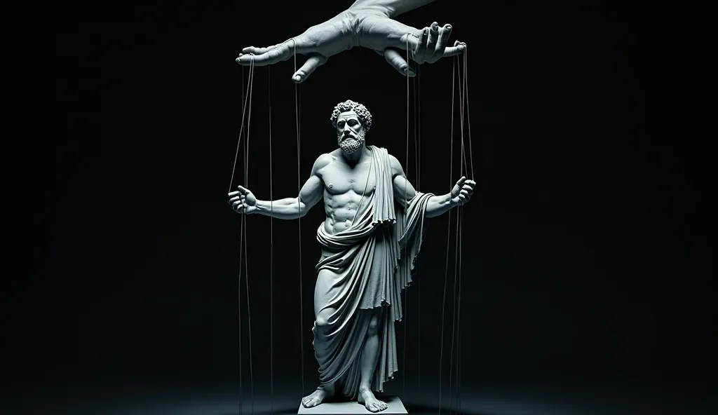 Create an ultra-realistic, highly detailed image of an ancient Greek Stoic philosopher statue, posed like a puppet being controlled by strings. The statue should appear to be lifted into the air, with its arms and legs slightly bent, as if struggling again...