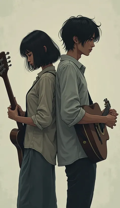 Couple back to back. The man is white, Sad and carries a guitar. A WOMAN IS BLACK, straight and short hair, loading a book. The man has the guitar and the woman who has the book 