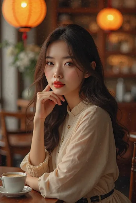 Chinese,Girl,20, coffee shop,beautiful,red lips,elegant,brown hair,longhair,touch cheek