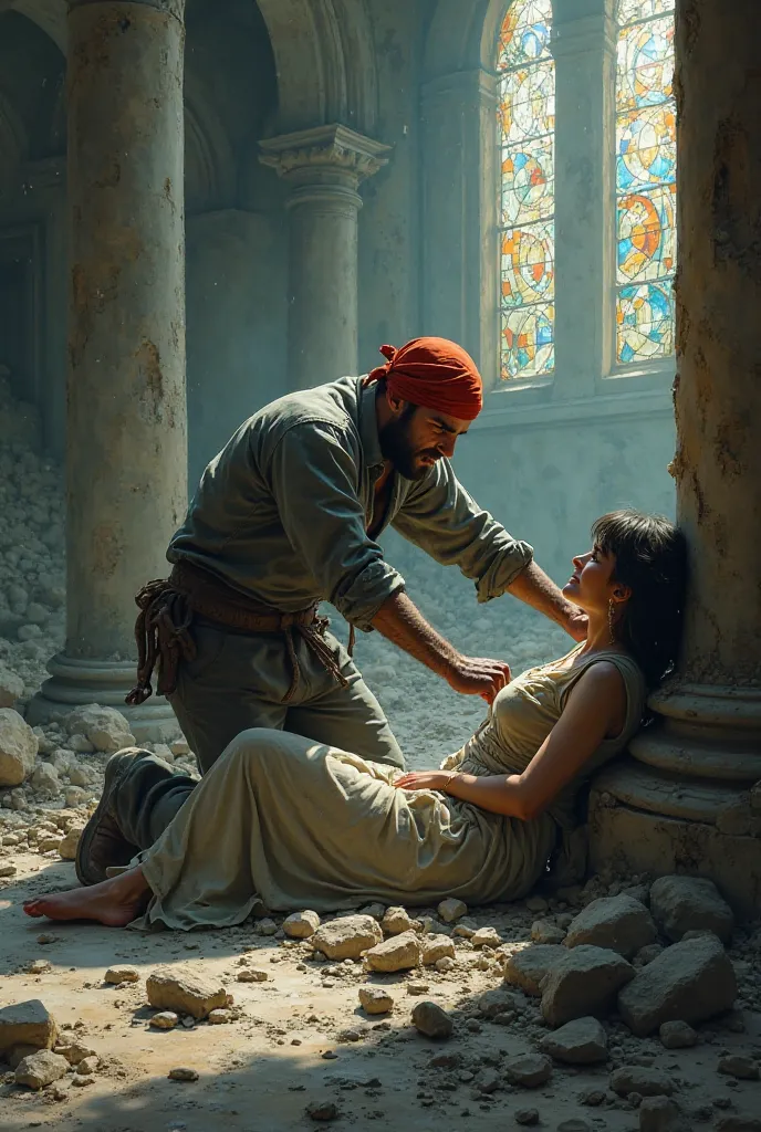 Man in gray clothes with a red bandana on his head In front of a woman sitting against a column in a destroyed church She no longer moves he tries to take her face in desperation 