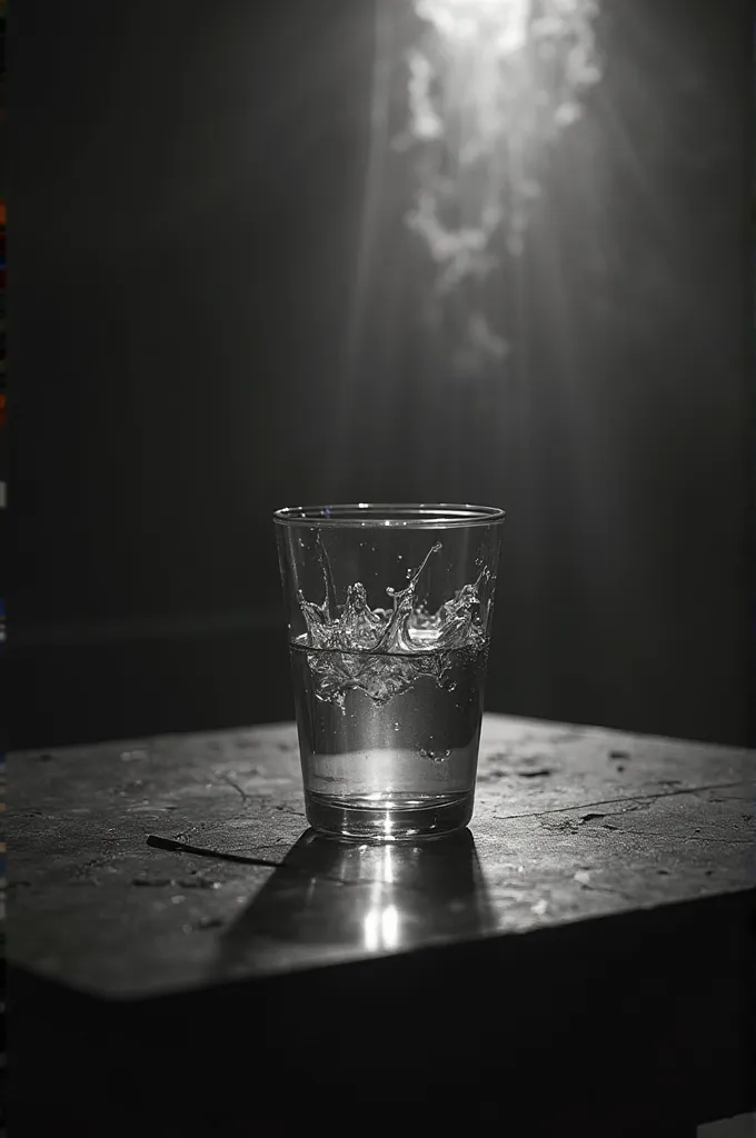 A glass of water on a table in black and white horror image
