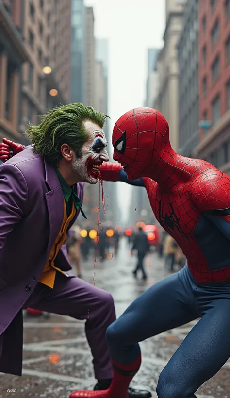  spiderman punching joker nose bloody,at city, realistic . 