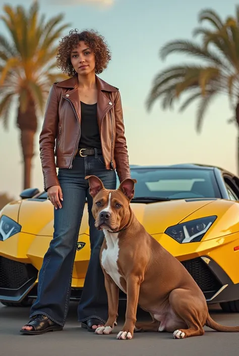 Woman with short curly hair light brown modern leather jacket and jeans with her brown and white Pittbull dog in front of Lamborghini Galliardo yellow palm tree 
Sabine and Lilas in French written in the clouds