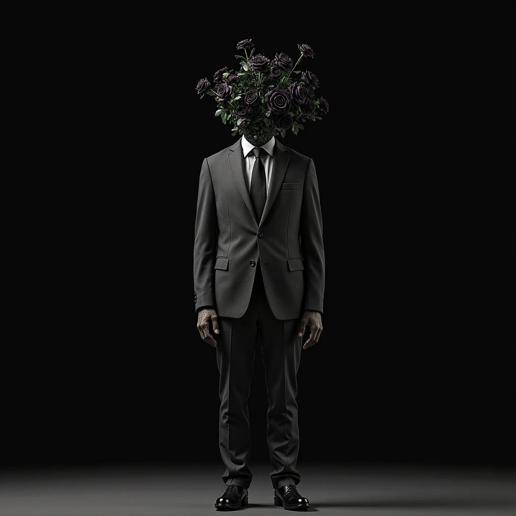 create a photo on a black background of a waist-high man in a business suit who has no head and black roses coming out of his neck