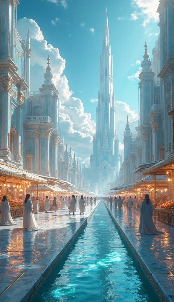 A **breathtaking street-level view** of the **celestial city**, where towering **crystalline structures with golden inlays** rise majestically against a **deep, sapphire-blue sky**. The **glass-like streets**, glowing with a soft, ethereal radiance, reflec...