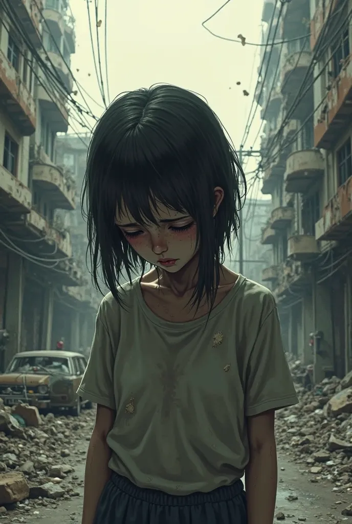 Girl crying on a devastated street 