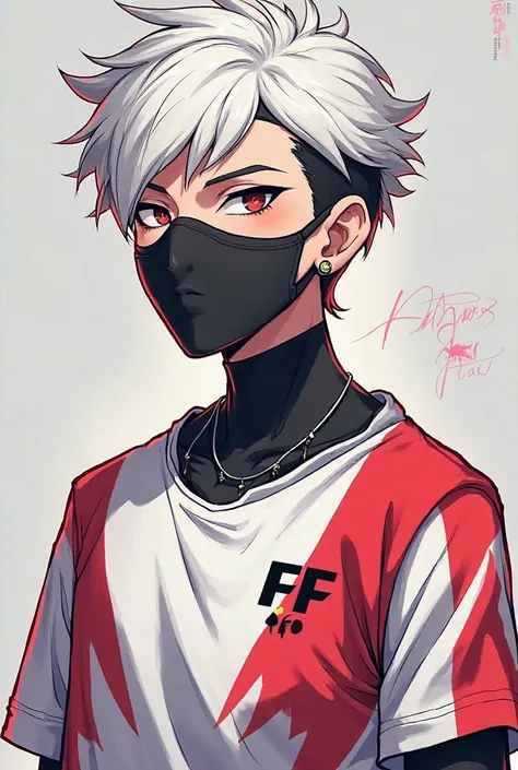  make a profile picture,ESTILO CARTOON FREE FIRE,WITH THE MALE CHARACTER WITH WHITE HAIR AND BLACK MASK WHITE TIMA SHIRT WITH RED DETAIL WITH NAME:KOTHEX FF