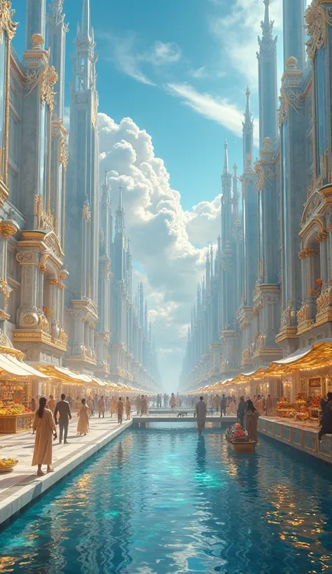 A **breathtaking street-level view** of the **celestial city**, where towering **crystalline structures with golden inlays** rise majestically against a **deep, sapphire-blue sky**. The **glass-like streets**, glowing with a soft, ethereal radiance, reflec...