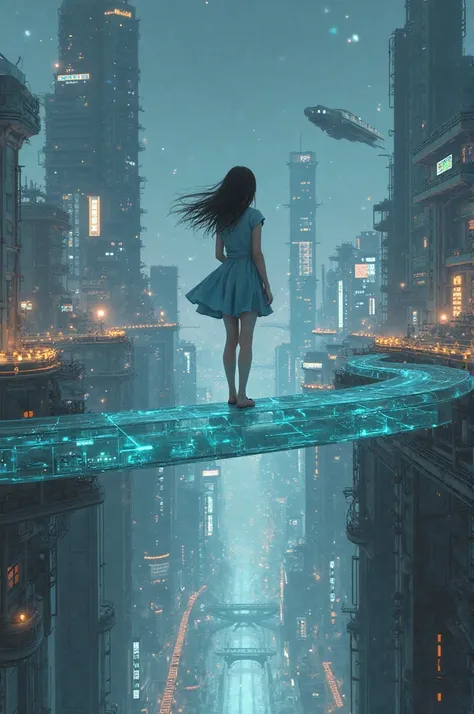 A age Korean girl on a transparent glass bridge that disappears at her feet over a dark void above nothing as if seen in the third person and the bridge that looks as if it were not supported by any object with a view of a futuristic city and that it is ni...