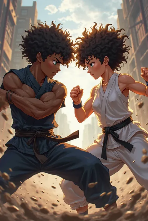 Dark skin anime boy with curly brown hair and a light skin anime girl with curly black hair doing a fighting side by side