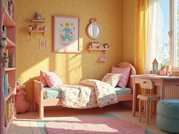 highly realistic photo of a nursery, the room is full of bright colors, there is a ren's bed on the side, a desk is next to the bed, macro photography, photorealism