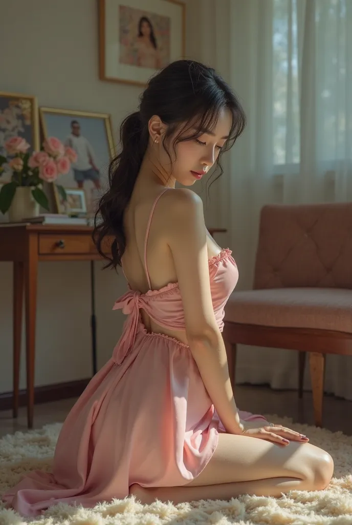 Actress Maria Nagai sitting in her room on her knees wearing a pink dress above her knees with a front photo and a selfie